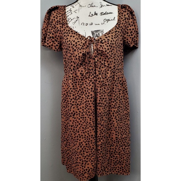 Old Navy Mini Dress Women's L Brown Black Animal Print Smocket Keyhole Tie Front - Picture 1 of 16